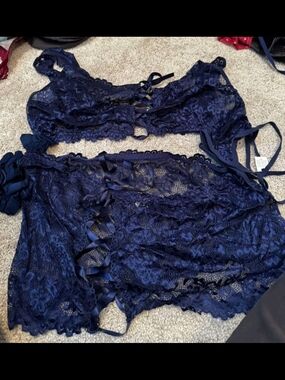 Navy Lace Satin-Trim Bralette & Skirt Set